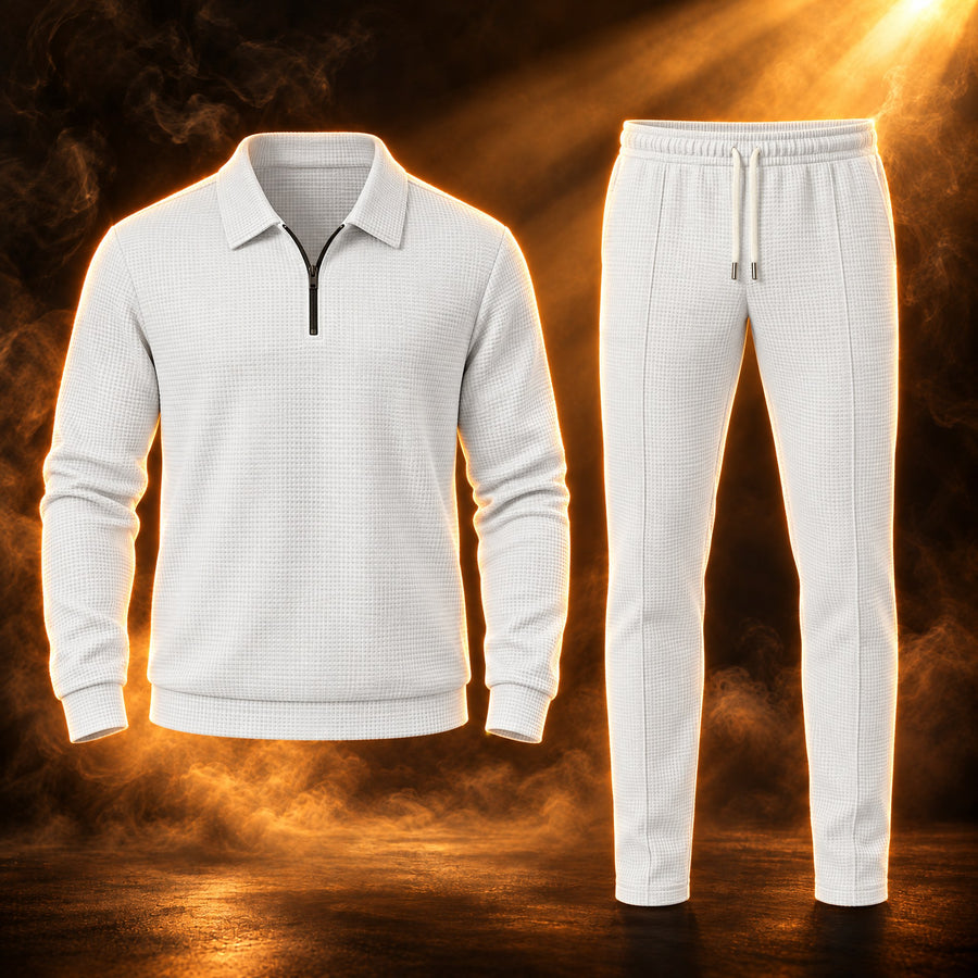 Marcello Waffle Knit Half Zip Polo and Trousers Set for Men