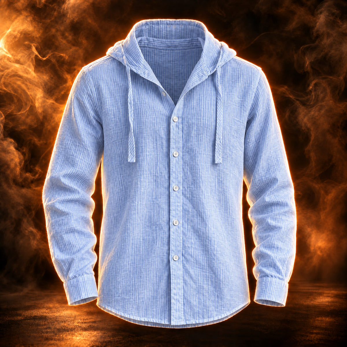 Marino hooded button up summer shirt jacket for men in sky blue pinstripe, front view