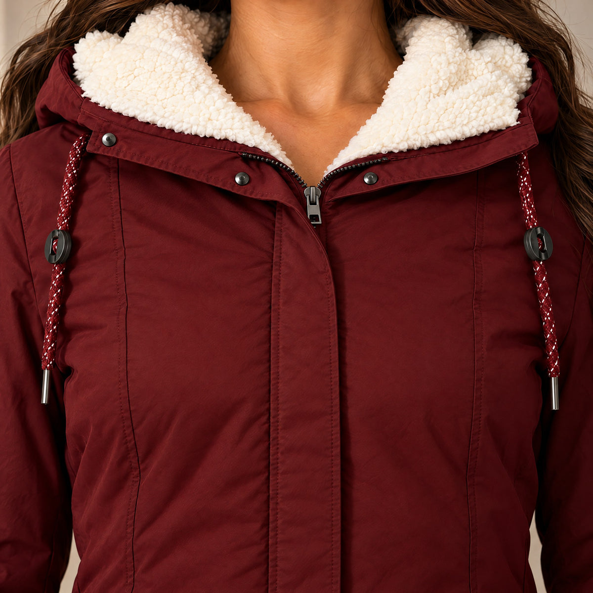 Zipper and storm placket at the front of the Ottavia parka