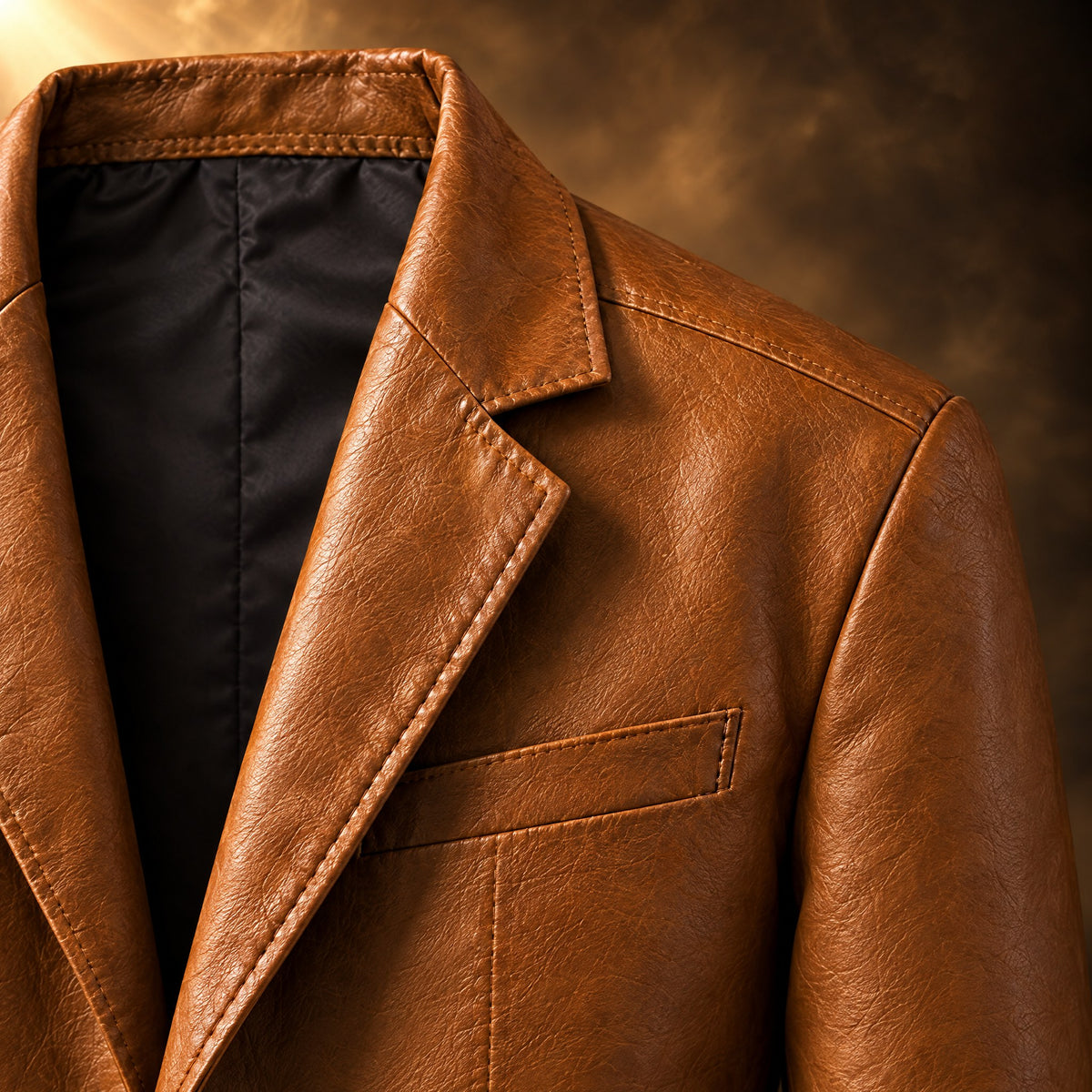 Ottavio Faux Leather Blazer Jacket for Men, notch lapel and chest pocket close-up