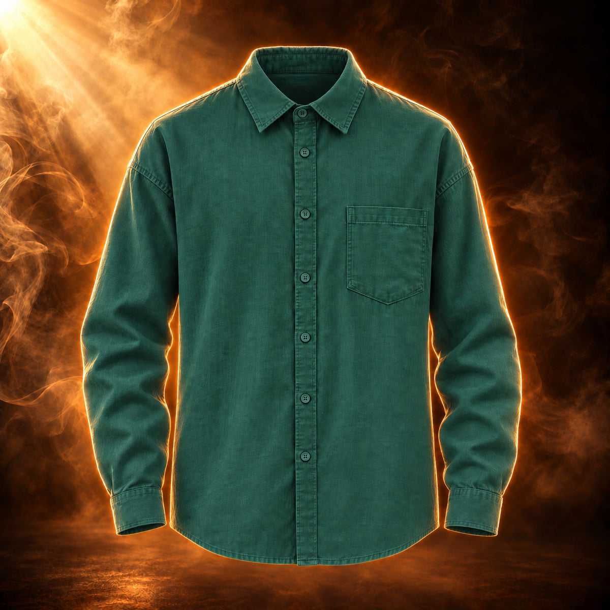 Remy relaxed fit long sleeve button up shirt for men in dark green, front view
