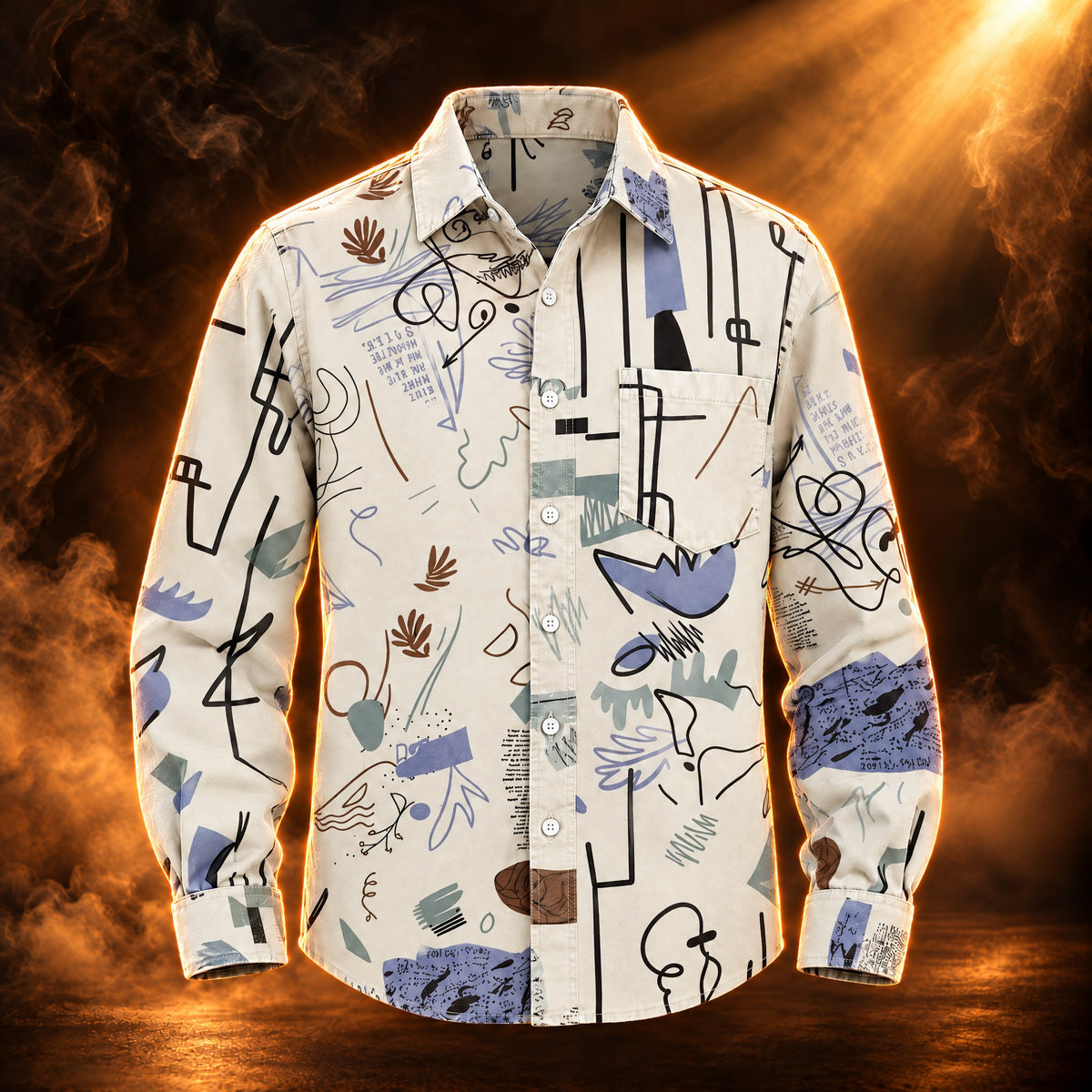 Riccardo abstract print long sleeve button up shirt for men in apricot, front view