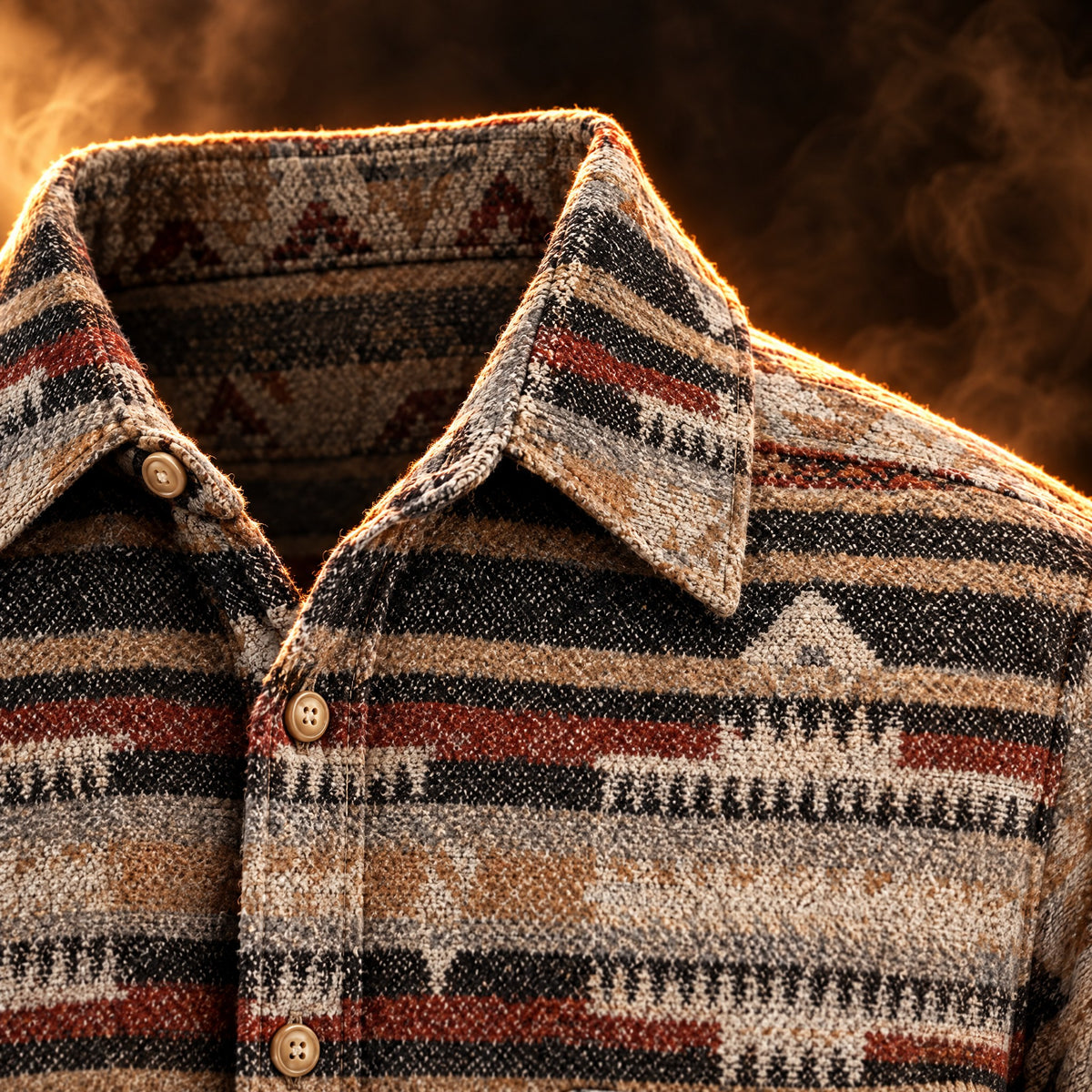 Santino Aztec Print Button Up Shirt Jacket for Men, collar and button placket close-up
