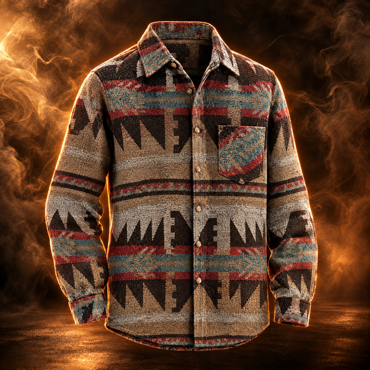 Santino Aztec Print Button Up Shirt Jacket for Men in deep coffee, front view