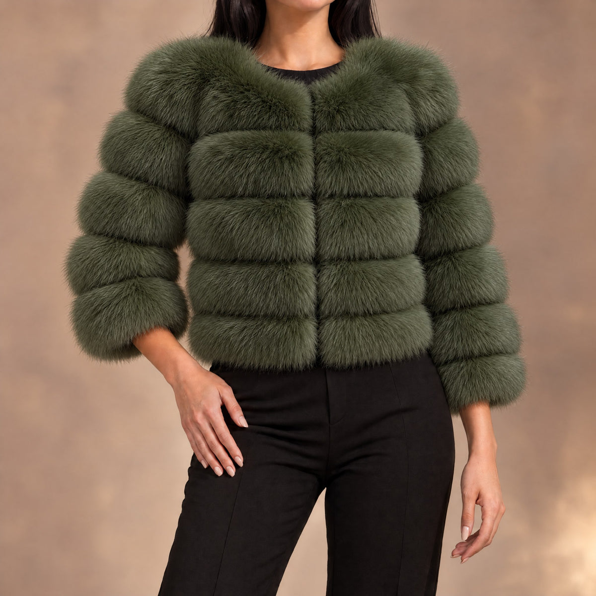 Seraphina tiered faux fur cropped jacket in army green