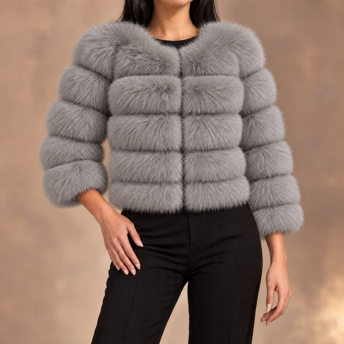 Seraphina tiered faux fur cropped jacket in gray