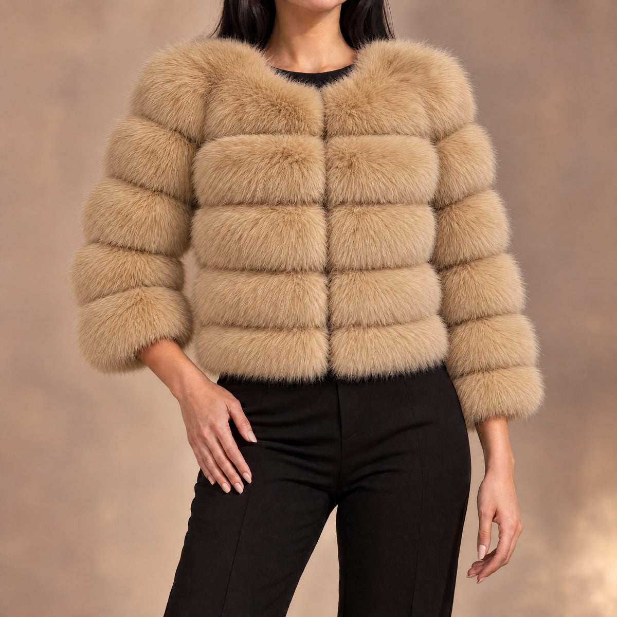 Seraphina tiered faux fur cropped jacket in light camel