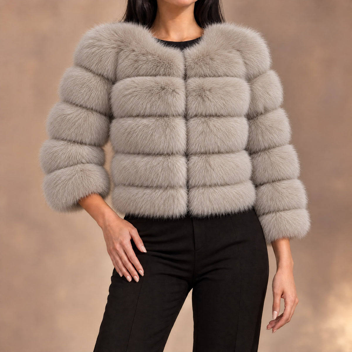 Seraphina tiered faux fur cropped jacket in taupe