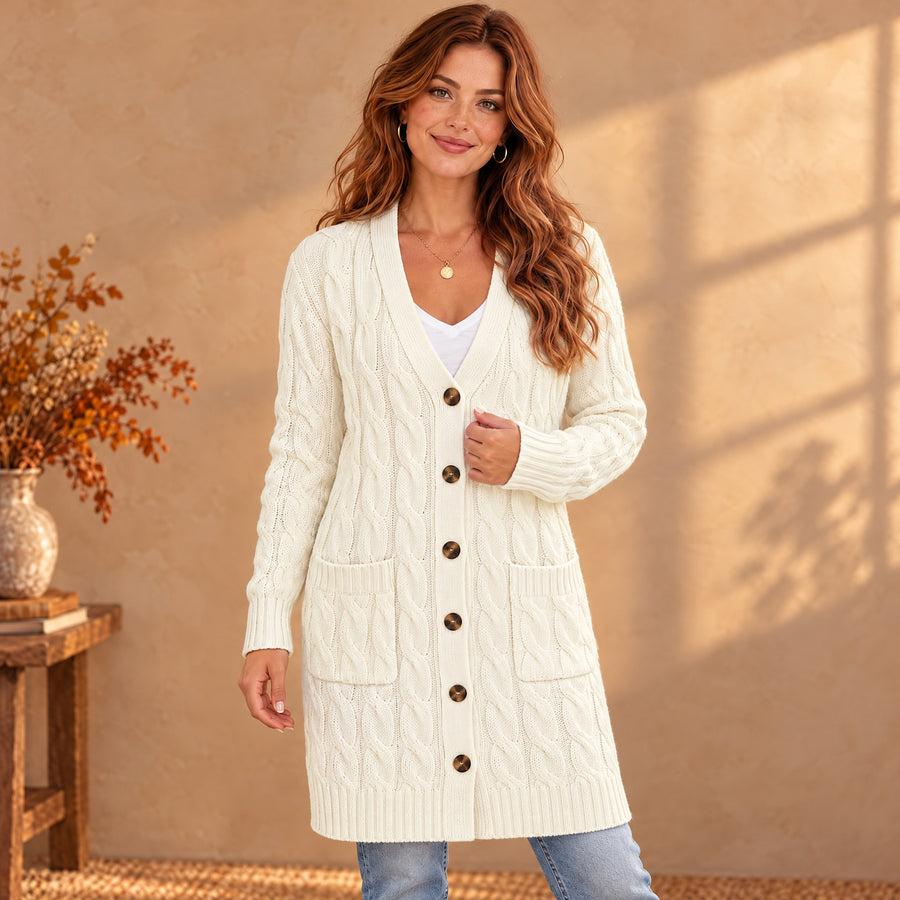 Valentina Long Cable Knit Button Cardigan with Pockets