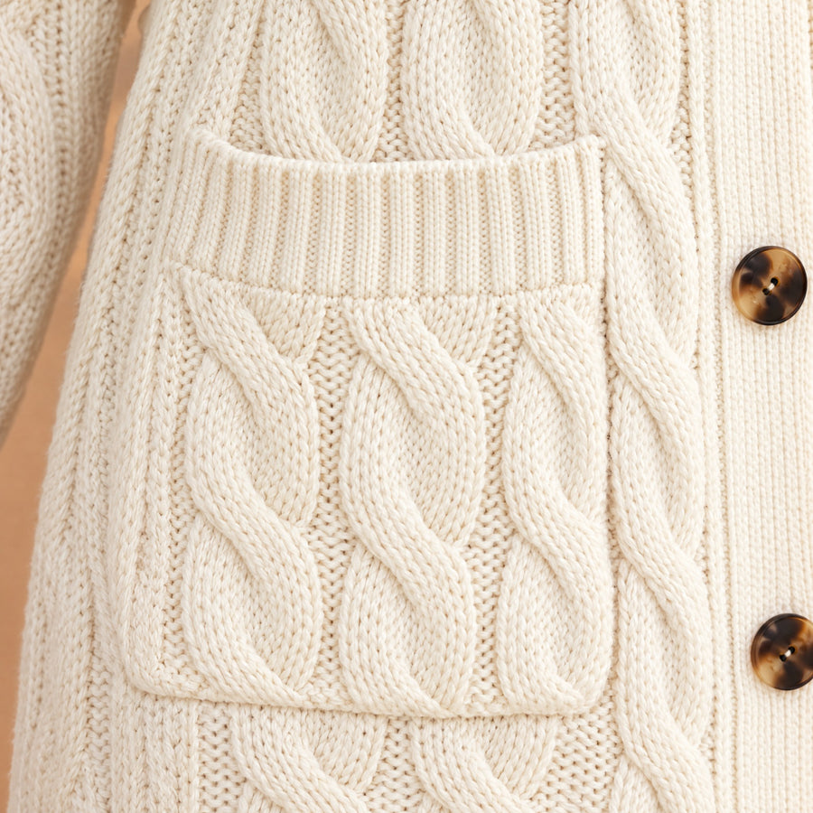 Valentina Long Cable Knit Button Cardigan with Pockets