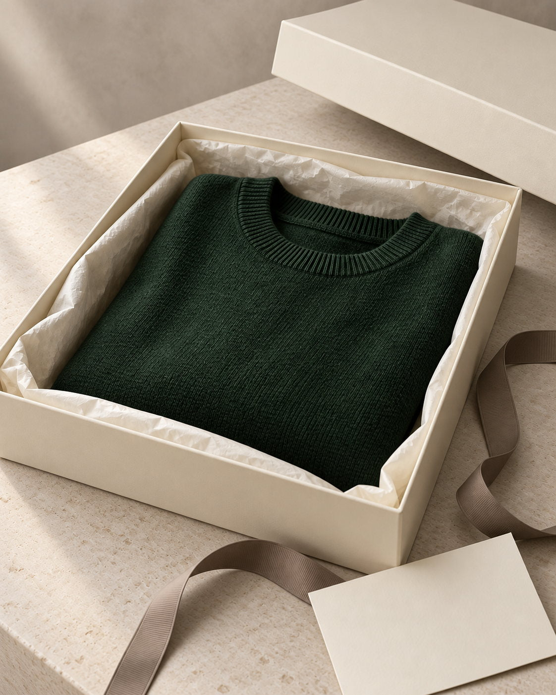 A dark green knit folded in a cream gift box with ribbon