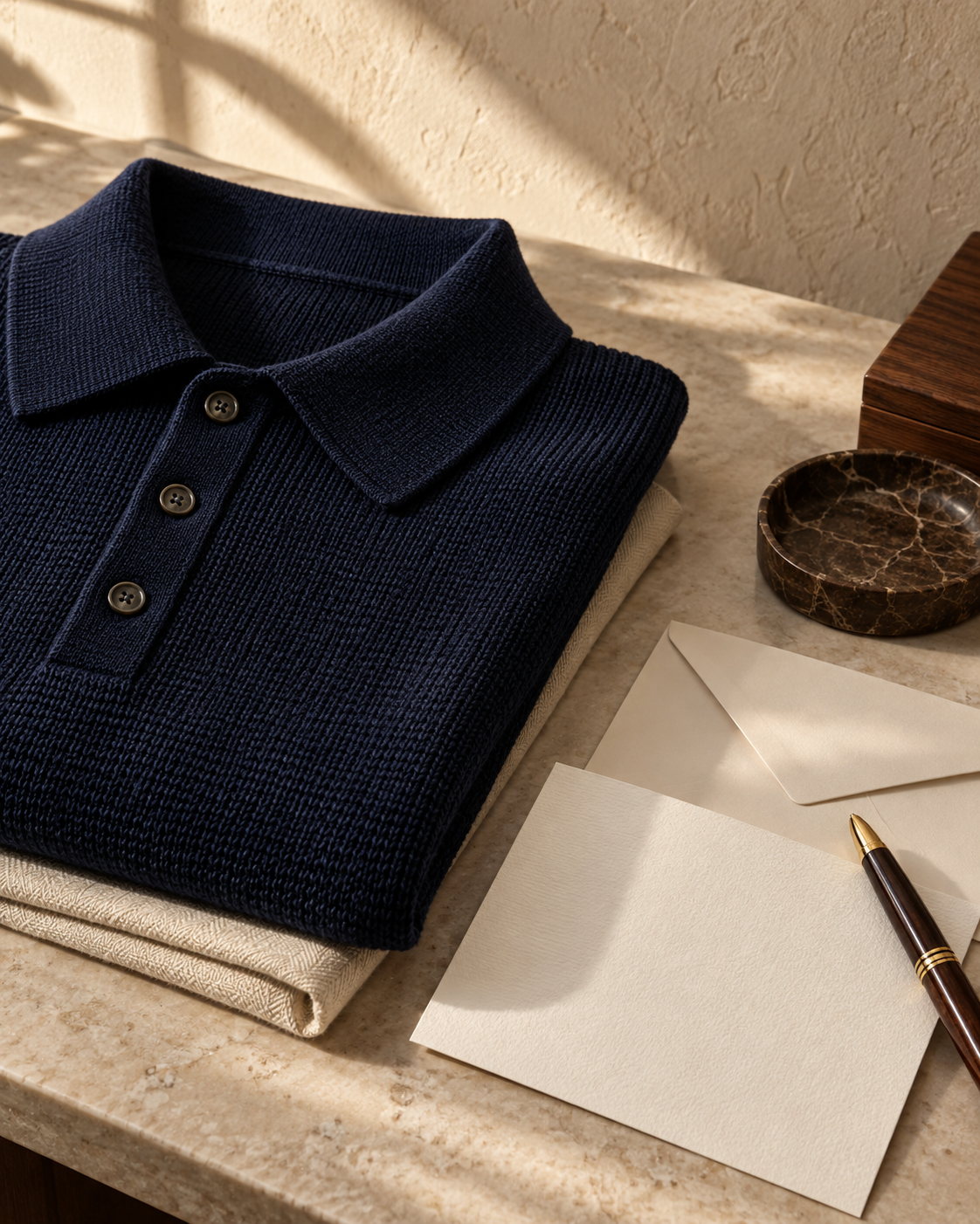 A navy knit polo folded beside a card, envelope and pen