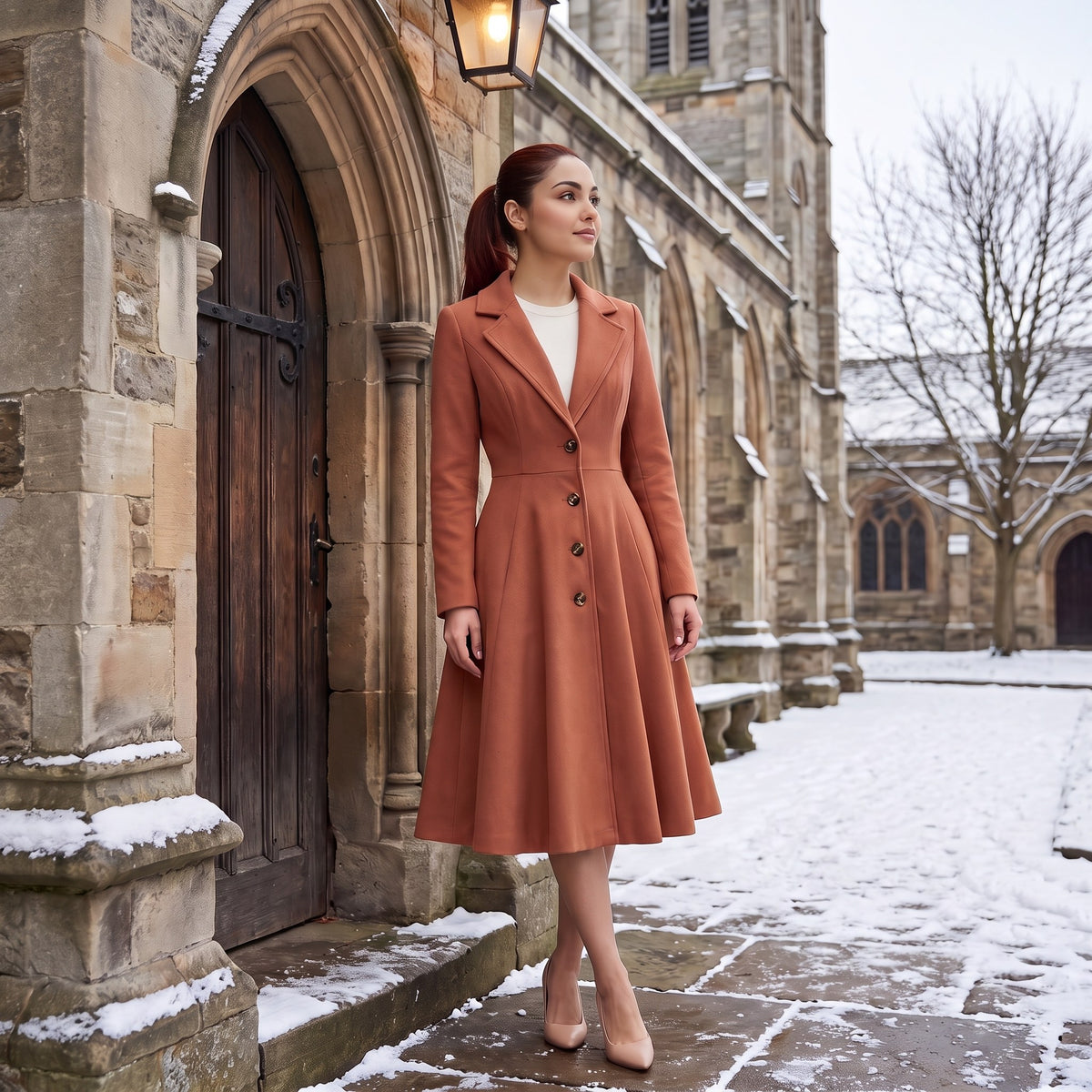 Fiorella coat, Terracotta, worn in a snowy church courtyard