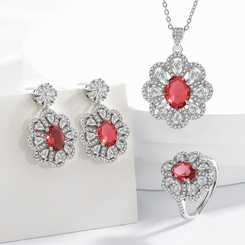 Benedetta Red Cubic Zirconia Flower Jewelry Set for Women