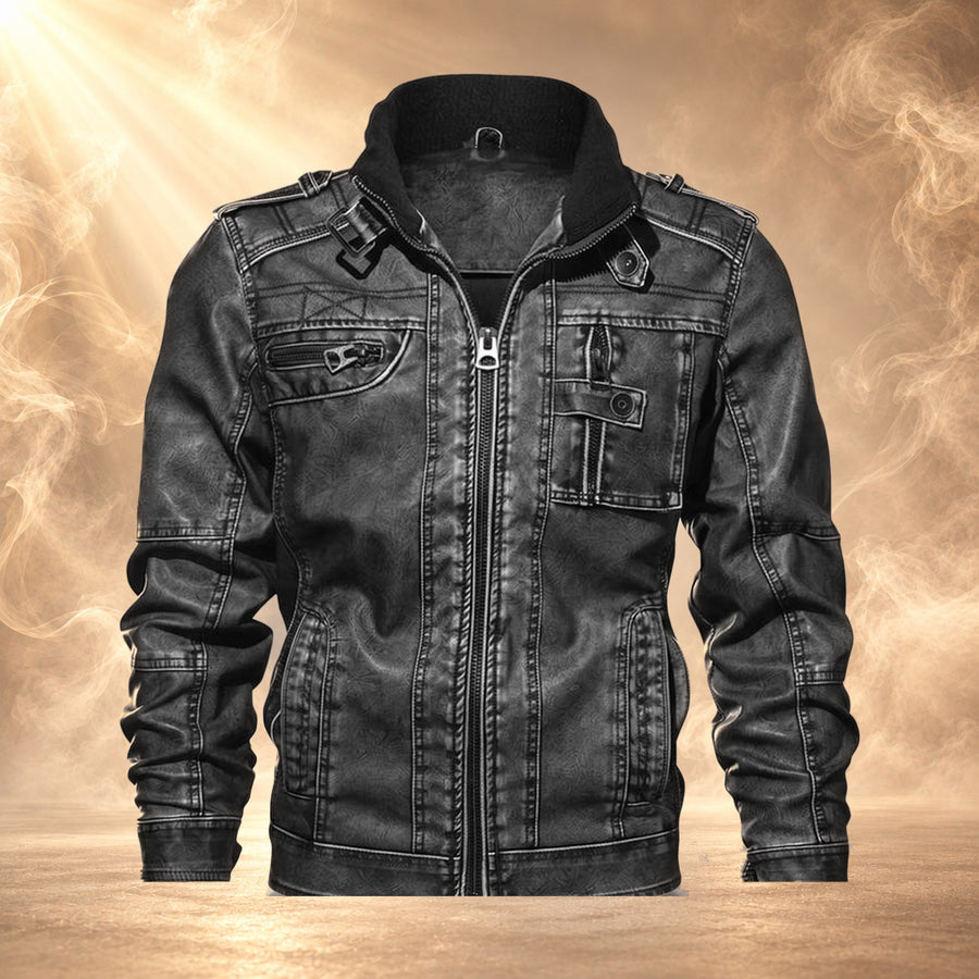 Lazaro Stand Collar Leather Moto Jacket for Men