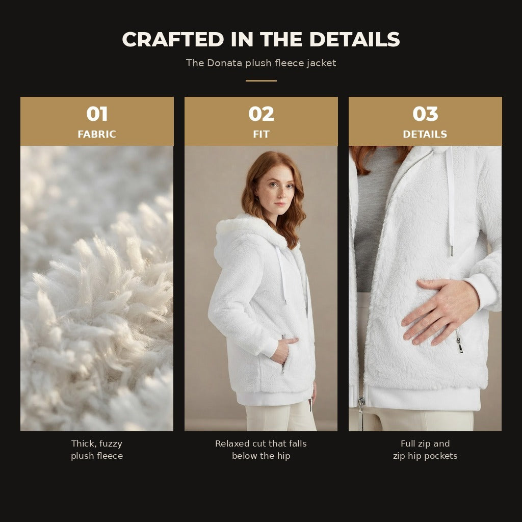 Donata hooded plush fleece jacket, White, material and details