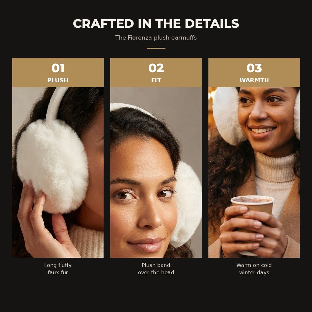 Fiorenza foldable plush earmuffs, White, material and details