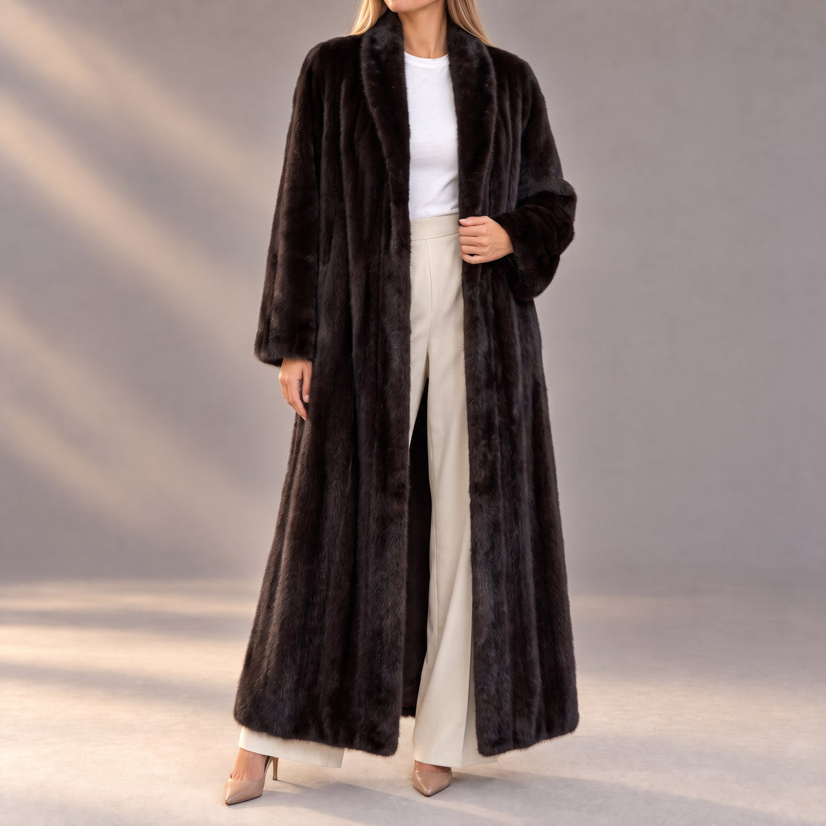 Camille long plush fur coat in espresso