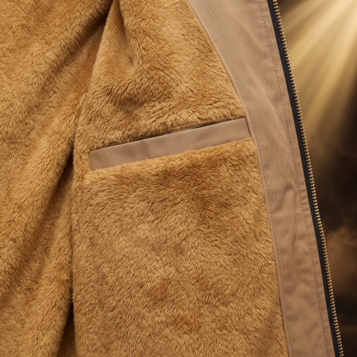 Fausto bomber jacket, Tan, close-up of the inside welt pocket in the fleece lining