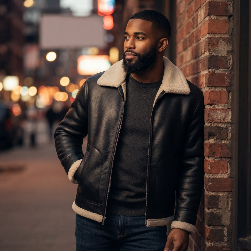 Emanuele sherpa lined faux leather aviator jacket, Black, worn on a city street at night