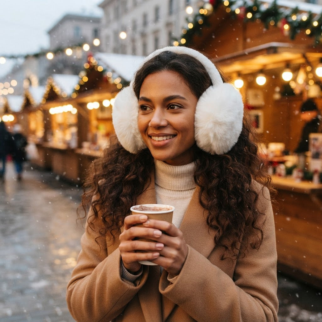Fiorenza foldable plush earmuffs, White, worn at a holiday market