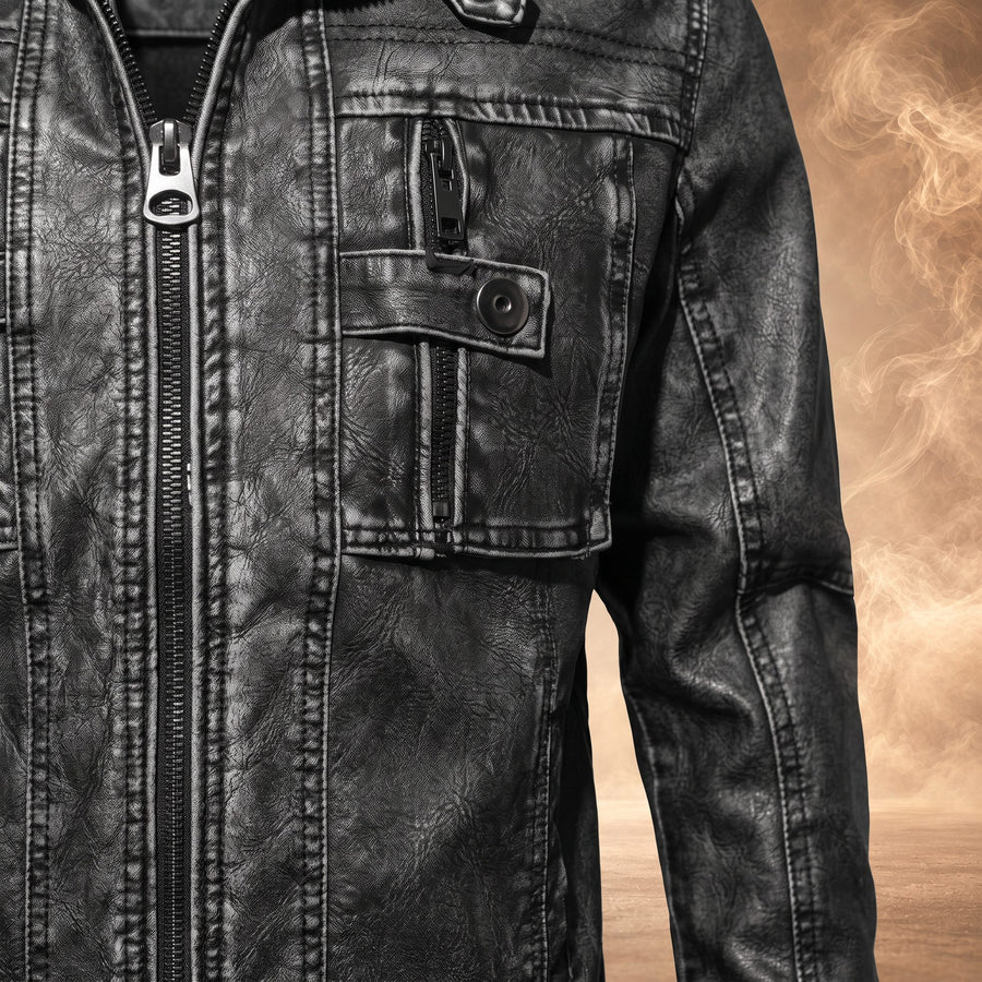 Lazaro Stand Collar Leather Moto Jacket for Men