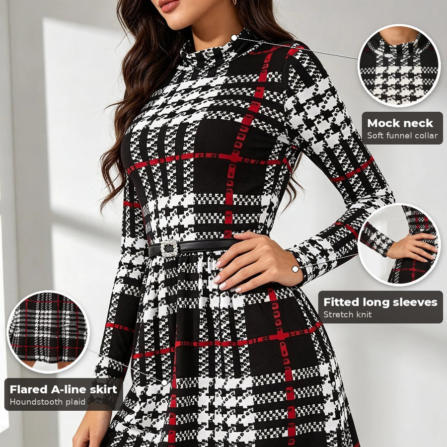 Sofia Houndstooth Plaid Mock Neck A-Line Dress for Women