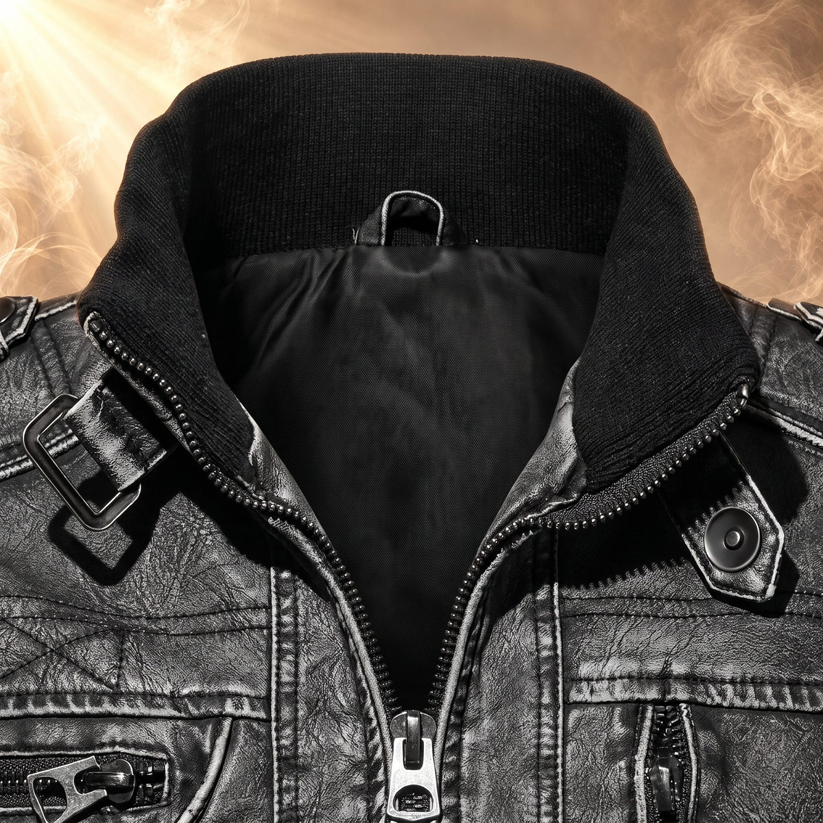 Lazaro faux leather moto jacket, Black, rib-knit stand collar with buckle strap and snap tab