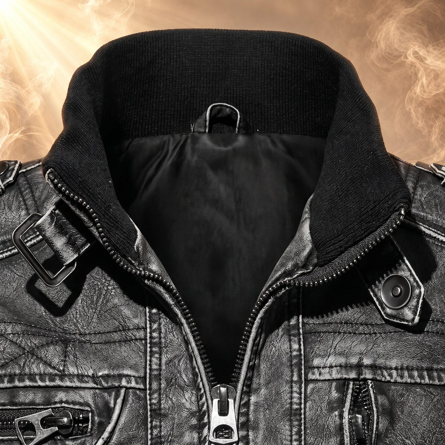 Lazaro Stand Collar Leather Moto Jacket for Men