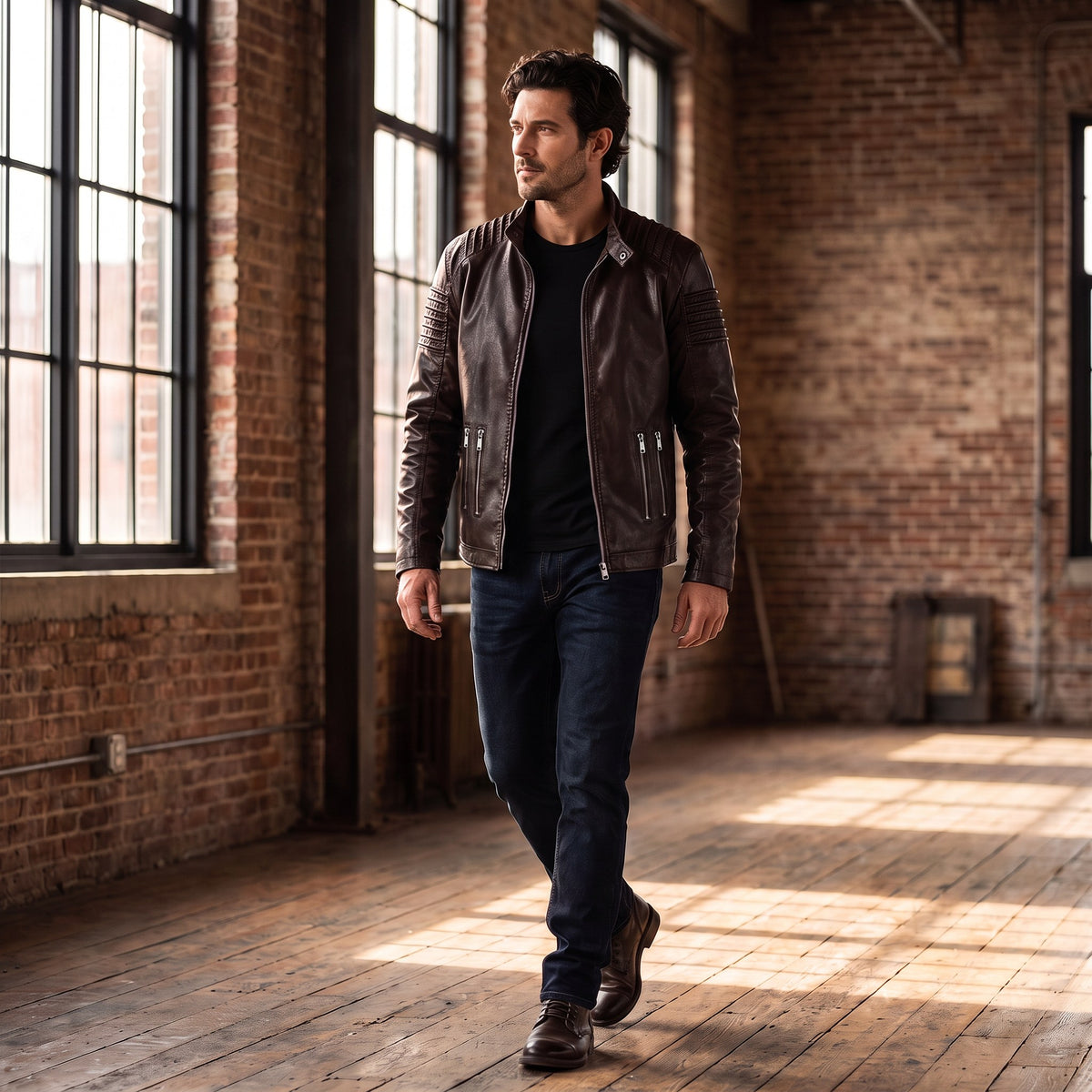 Umberto moto jacket, Dark Brown, worn in a brick-walled loft