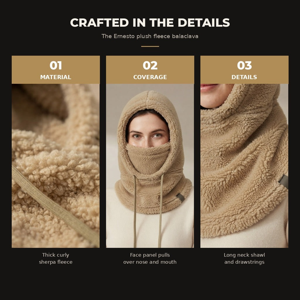 Ernesto plush fleece balaclava, Khaki, material and details