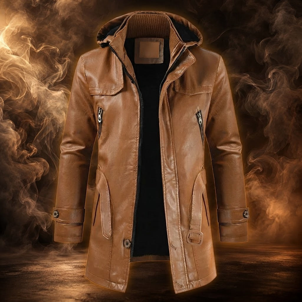 Davide hooded faux leather coat, Tan, front