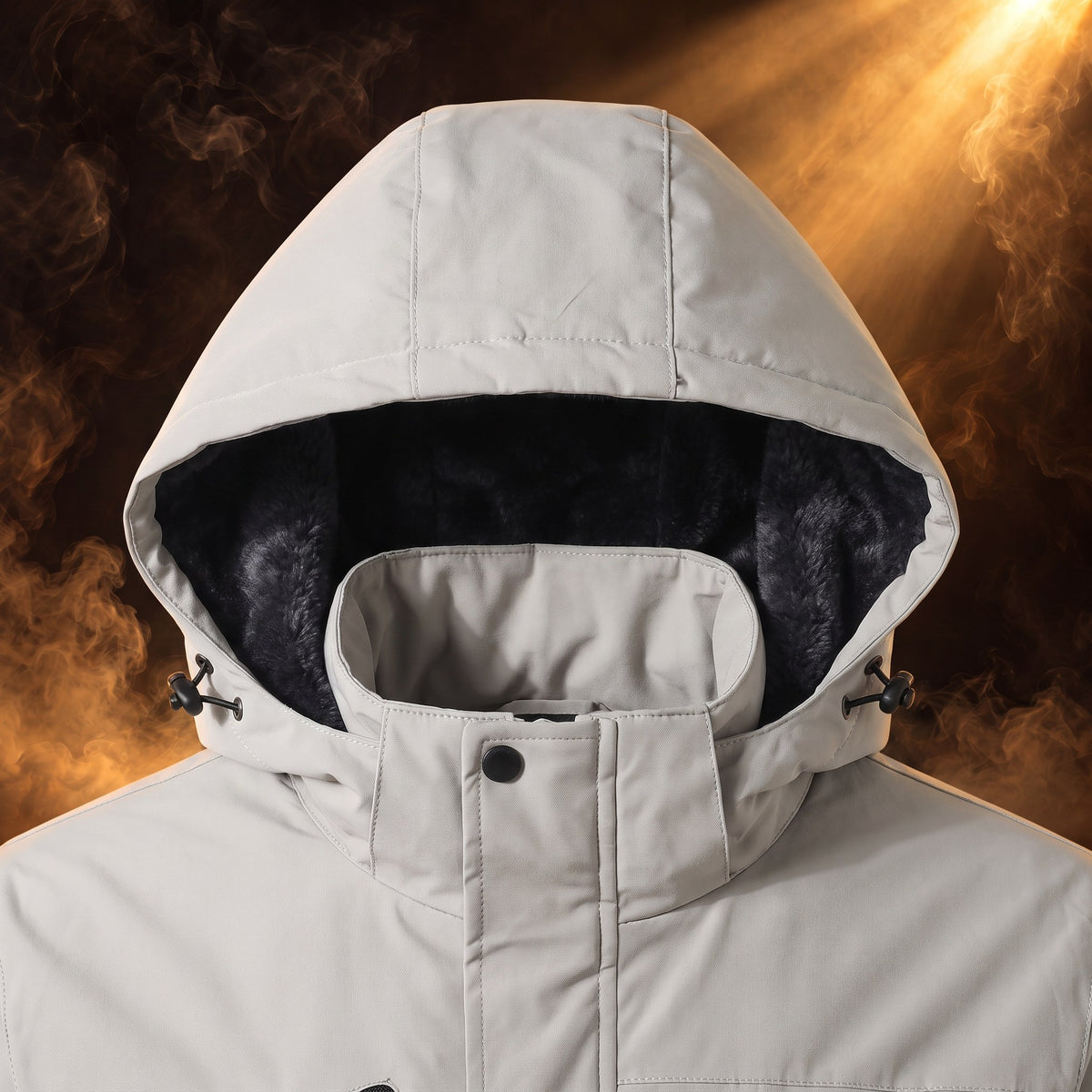 Sebastiano hooded windbreaker jacket, Light Gray Fleece Lined, close-up of the fleece-lined hood with drawcord toggles