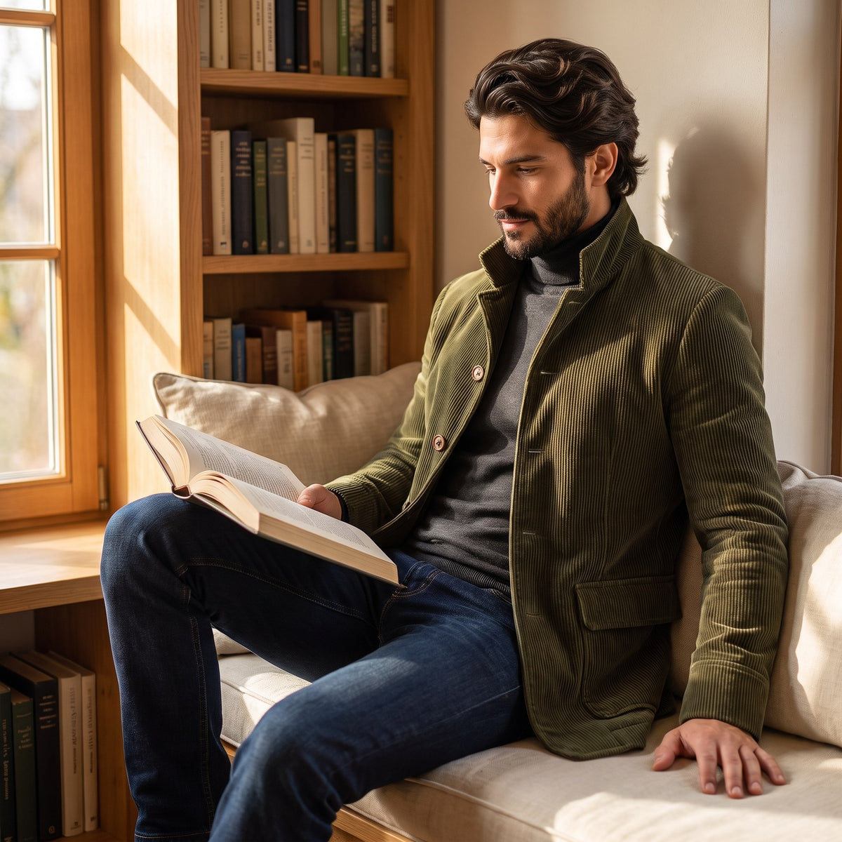 Maurizio corduroy jacket, Olive Green, worn in a reading nook