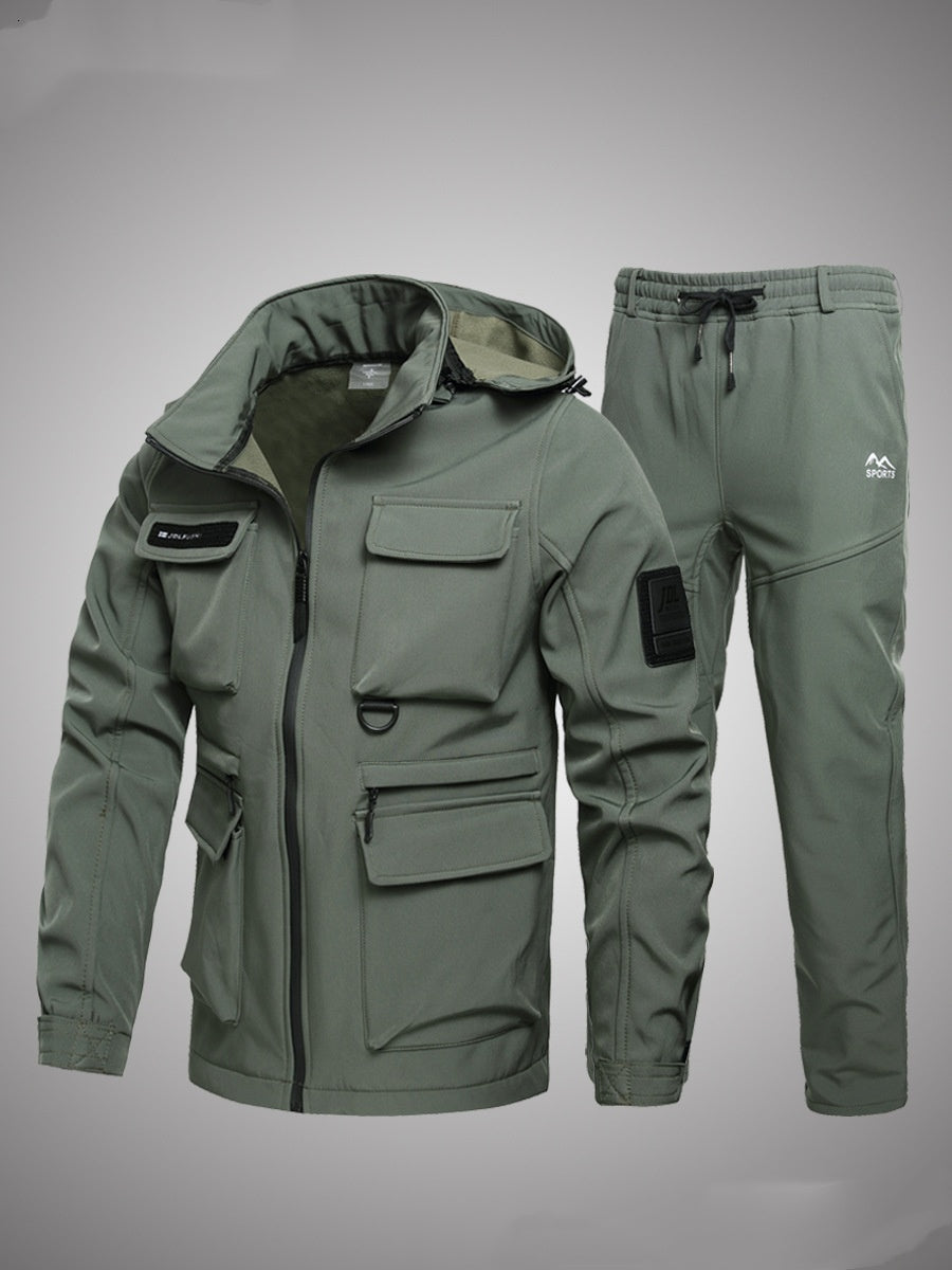 Severino jacket and pants set, Sage Green, three-quarter view of the full set