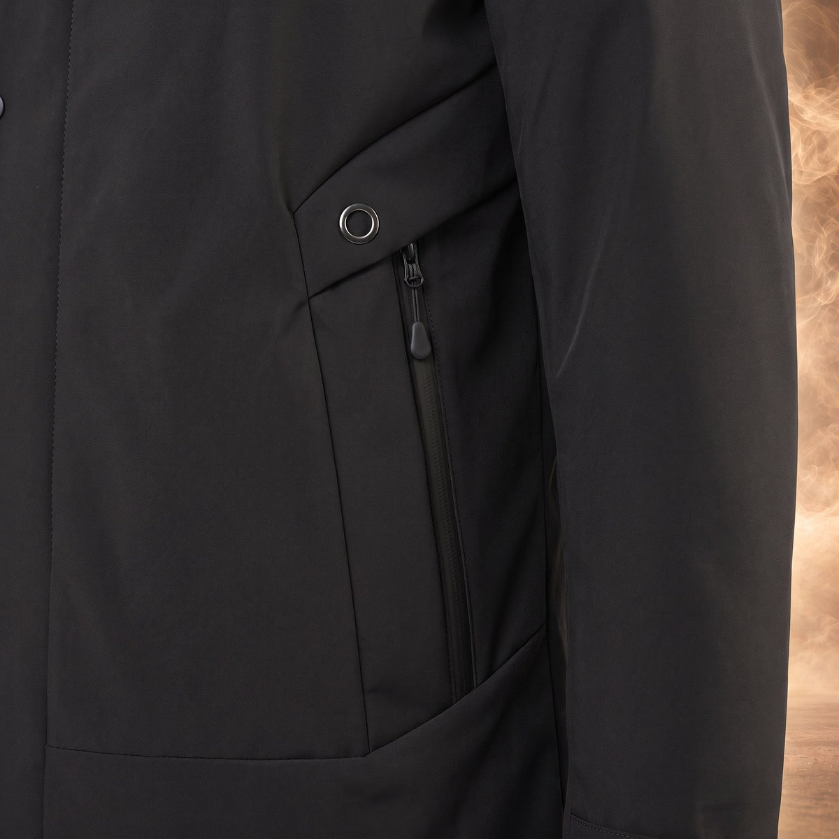 Quentin parka, Black, vertical zip pocket close-up