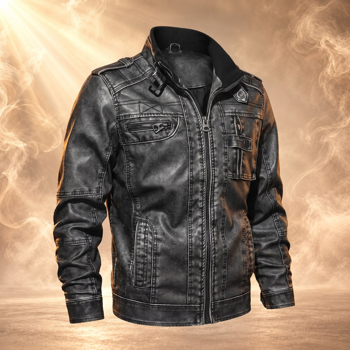 Lazaro faux leather moto jacket, Black, three-quarter side view