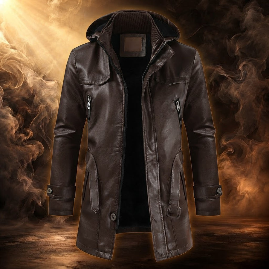 Davide Hooded Mid-Length Leather Coat for Men