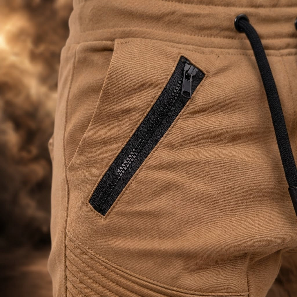 Cirino khaki joggers close-up of the zippered slanted front pocket