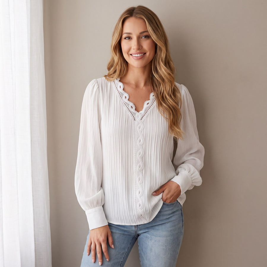 Aurelia Lace Trim V-Neck Lantern Sleeve Blouse for Women