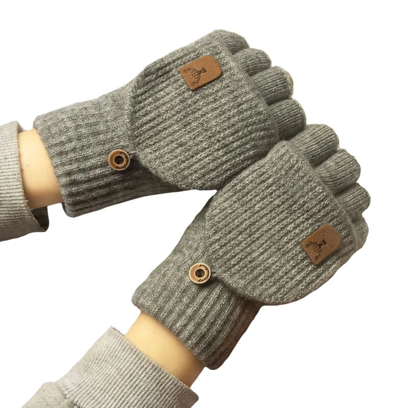 Lino knit convertible fingerless gloves with button mitten flap