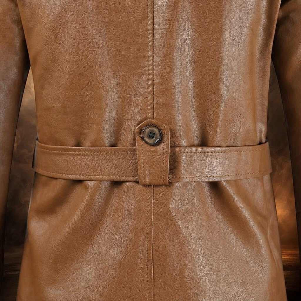 Davide hooded faux leather coat, Tan, back half belt close-up