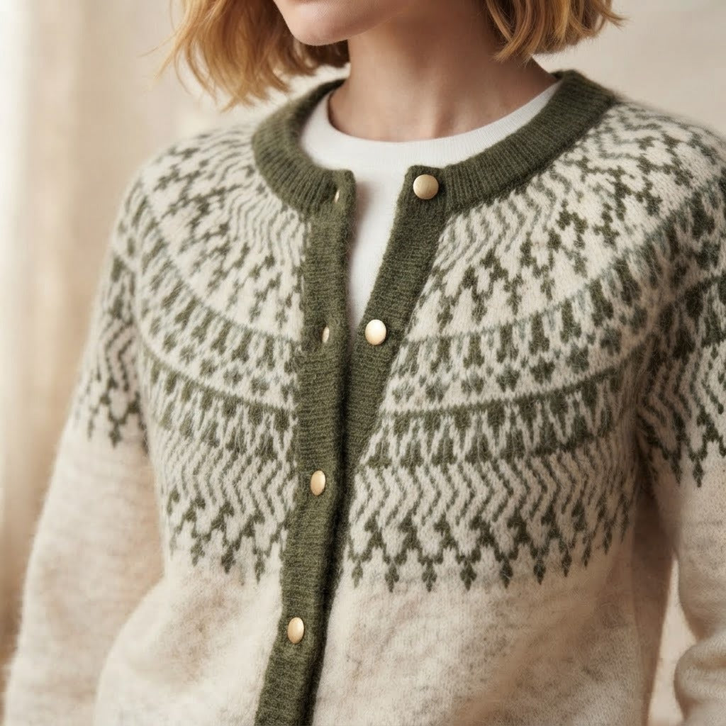 Giada Fair Isle crew neck cardigan, Cream and Green, Fair Isle yoke close-up