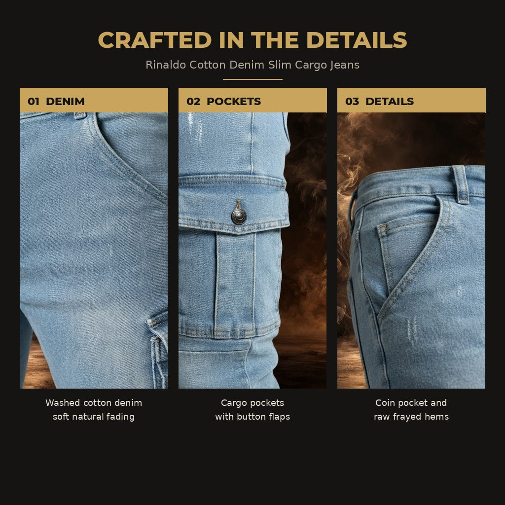 Rinaldo Cotton Denim Slim Cargo Jeans for Men - quality details