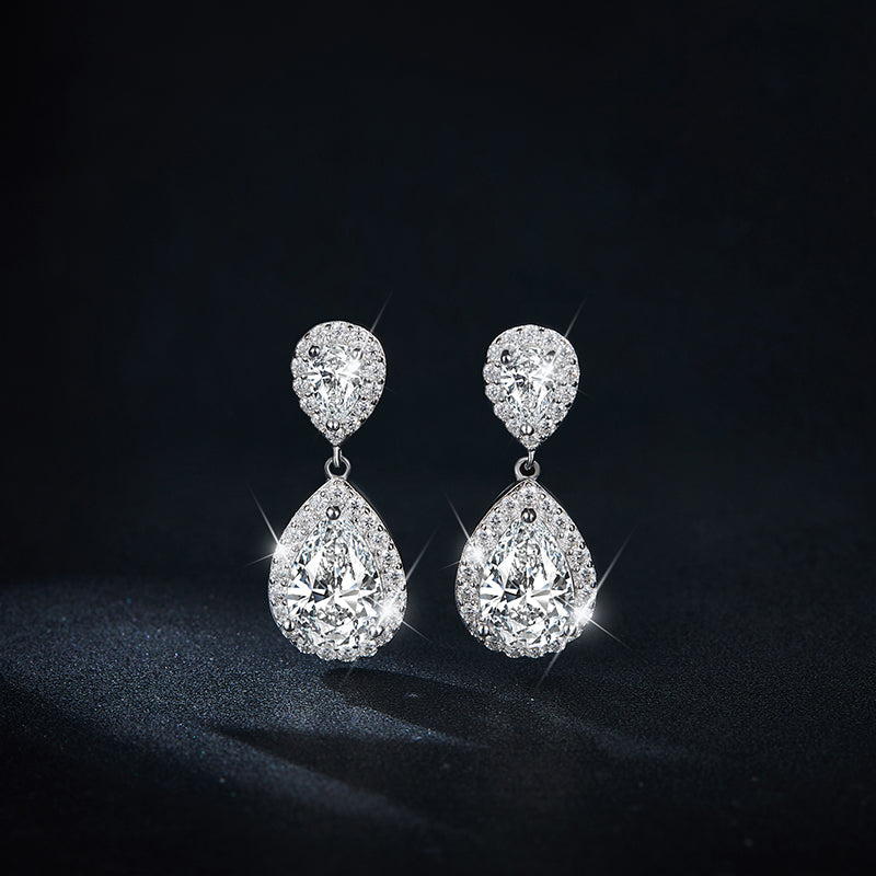 Rosetta Sterling Silver Pear Moissanite Halo Drop Earrings for Women