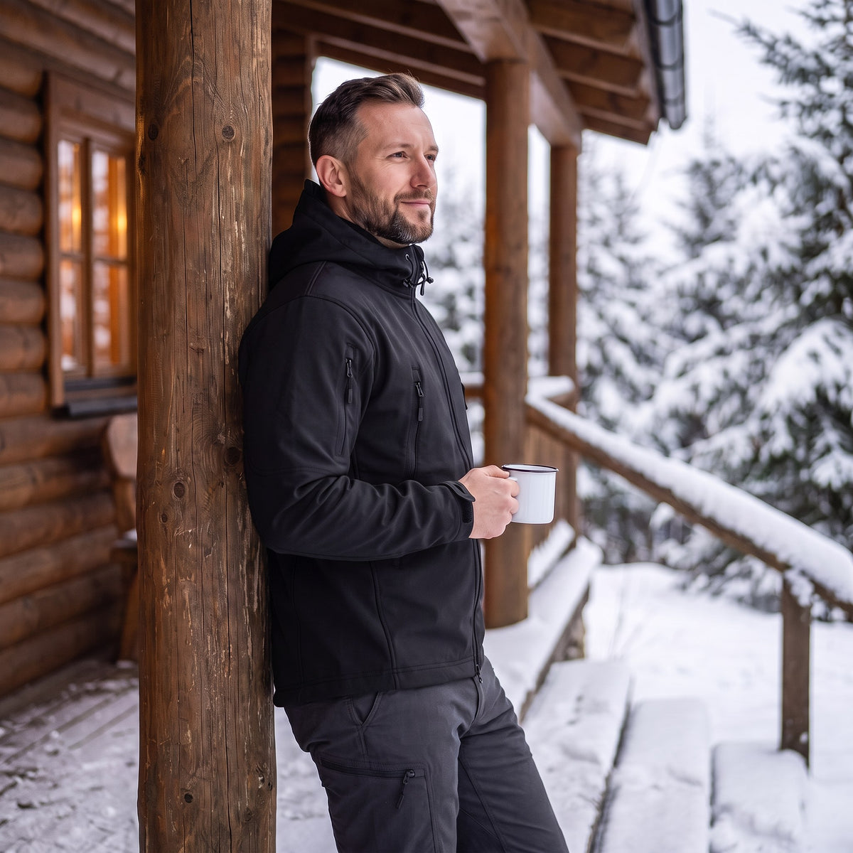 Vasco soft shell jacket, Black, worn on a snowy cabin porch