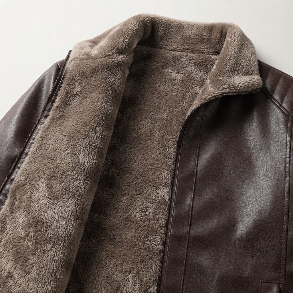 Carmine fleece lined faux leather biker jacket, brown, close-up of the plush fleece lining