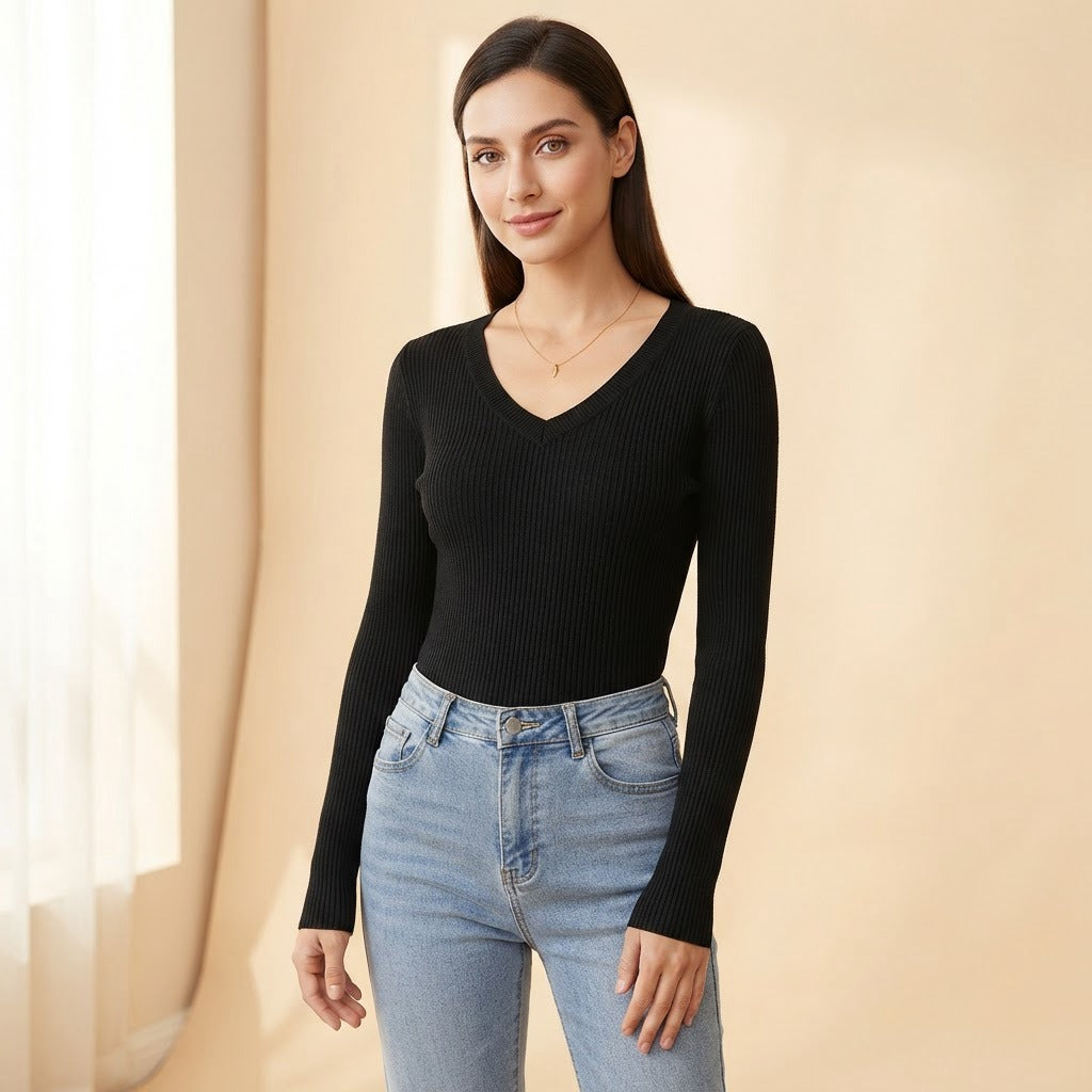 Greta ribbed V-neck knit sweater, Black, front