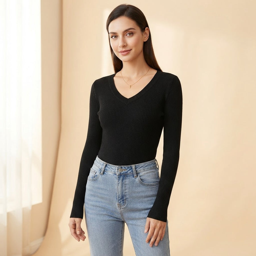 Greta Ribbed V-Neck Knit Sweater for Women
