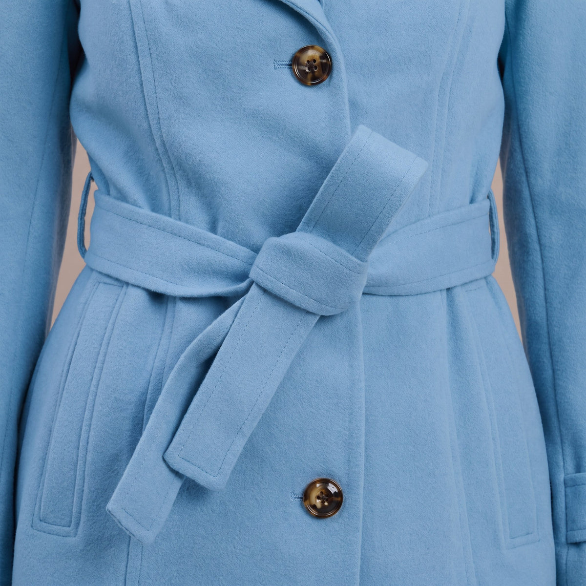 Rosalind coat, Sky Blue, self-tie belt close-up